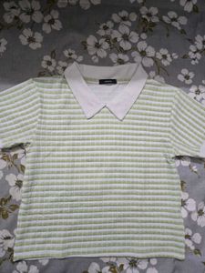 Stylish Green & White Textured Polo Top