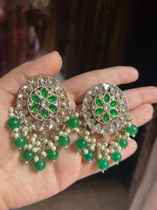 Green Kundan Chandbali Earrings