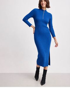 Sassafras Ribbed Knit Midi Dress with Zipper