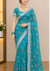 Free gift 🎁 &amp; Beautiful Blue 🩵 Net Saree