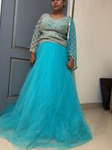 Light blue heavy lehnga with Cancan