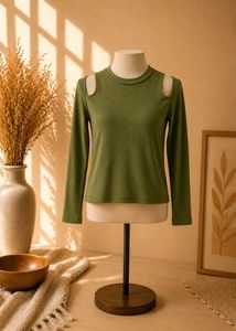 Women's Green Ribbed Cut-Out Top