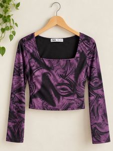 Purple Swirl Print Long Sleeve Crop Top