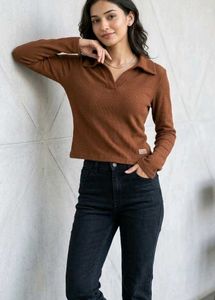 Brown Collared Long Sleeve Top