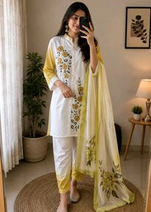 White & Yellow Embroidered Kurta Set