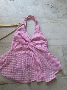 Pink Gingham Halter Neck Top