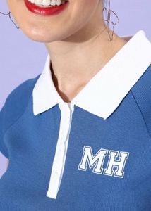 Blue Crop Polo Top with White Collar