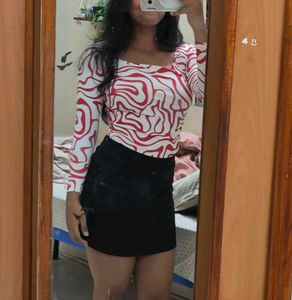 Red & White Swirl Print Top