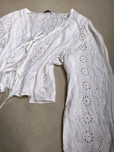 White Broderie Anglaise Tie-Front Blouse
