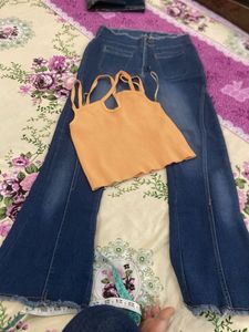 Blue Flared Jeans with Orange Crop Top