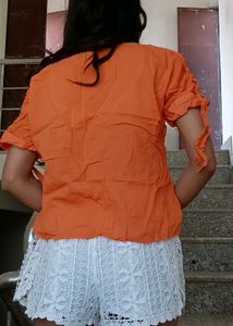 Orange Embroidered Top with Tie Sleeves