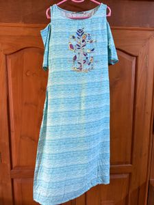 Blue Printed Cold Shoulder Kurta