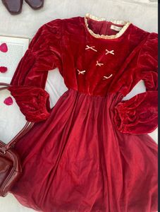 Maroon Puff sleeve Velvet coquette dress
