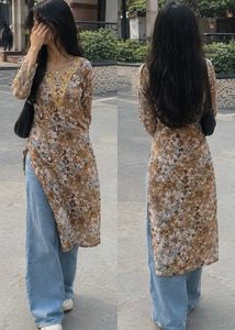 Floral Print Kurta with Embellished Neckline