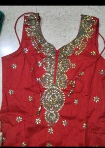 Embroidered Red Kurta with Green Salwar