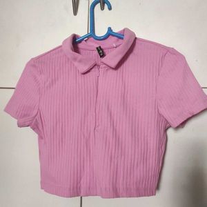 Pink Ribbed Cropped Polo Shirt