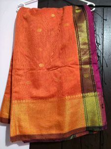 Orange cotton silk  Saree with Golden Border