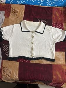 White Cropped Cardigan with Black Trim