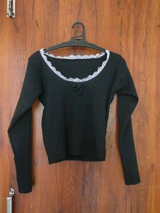 Black Lace Trim Long Sleeve Top