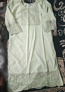 Pastel Green Embroidered Kurti | Elegant Long Stra