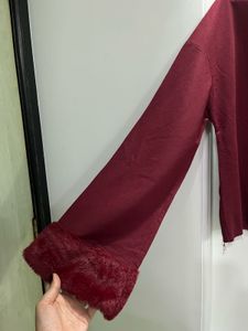 Maroon Faux Fur Trim Long Sleeve Top