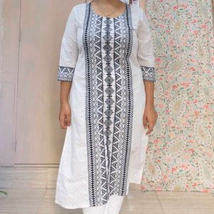 White long Kurta with Dark Blue Embroidery