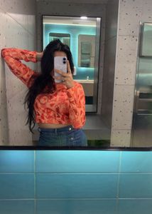 Stylish Orange & Red Patterned Mesh Top