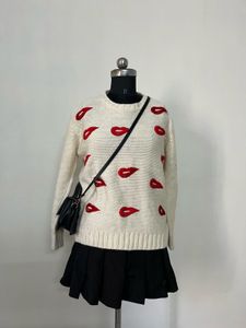 Cream Lip Print Sweater