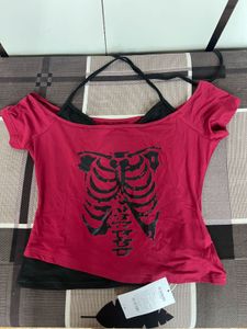 Red Gothic Skeleton Print Off-Shoulder Tie-Up Top
