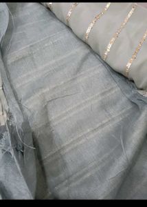 Elegant Grey Saree with Silver Stripes