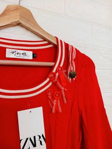 Chic Red Knit Top with Bow Details