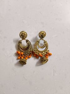 Gold Jhumka Earrings with Orange Beads