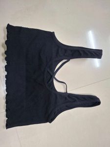 Black Ribbed Crop Top with Ruffle Hem