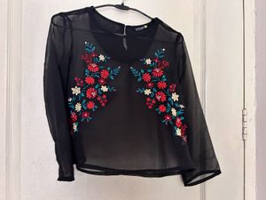 Sheer Black Embroidered Floral Top
