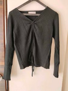 Ribbed V-Neck Tie-Up Top