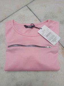 Pink Ribbed Long Sleeve Zip Top