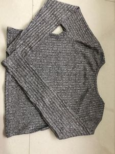 Grey Ribbed Long Sleeve Top with Pocket