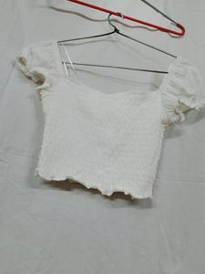 Chic White Smocked Puff Sleeve Top