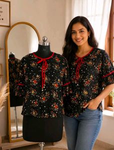 Chic Floral Print Top with Red Trim