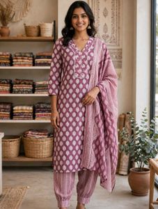 Elegant Purple Printed Kurta Set
