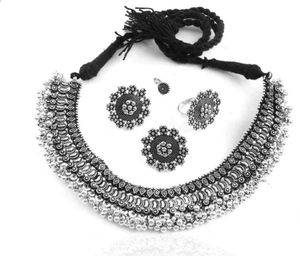 Oxidized Silver Necklace with Earrings &amp; Rings