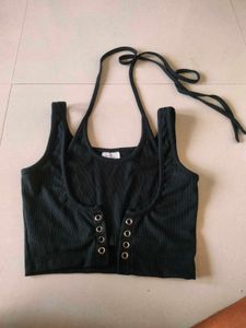 Ribbed Black Halter Crop Top