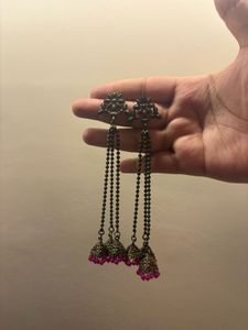 Ethnic Jhumka Earrings with Pink Beads