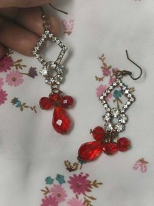 White Crystal Red Beaded Drop Earrings