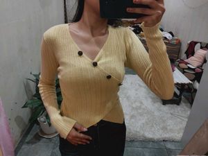 Yellow Ribbed Cropped Cardigan Body Top