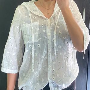 White Floral Button-Up Hooded Top