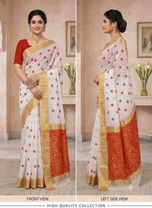 Elegant White Saree with Red &amp; Gold Accents