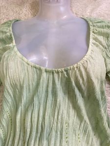 deep neck Green Textured Long Sleeve Top