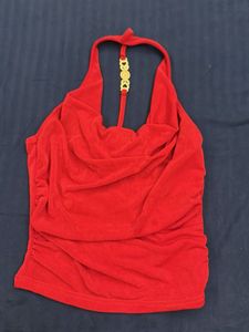 Red Halter cowl neck Top with Gold Detail