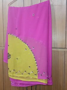 Vibrant Pink & Yellow Embellished Saree